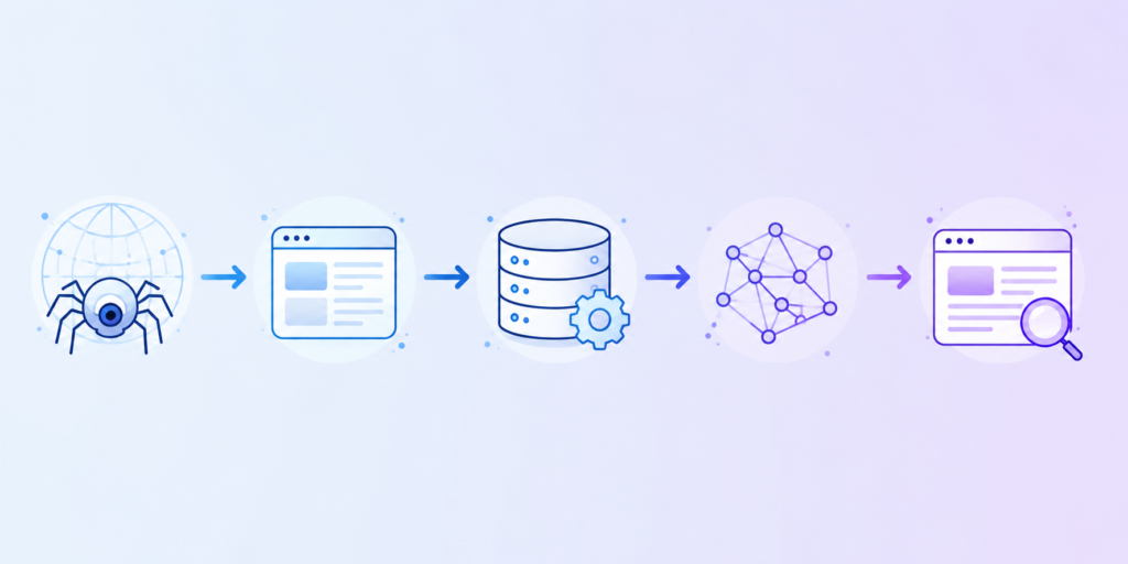 Technical SEO process showing crawling, rendering, indexing, understanding, and serving stages