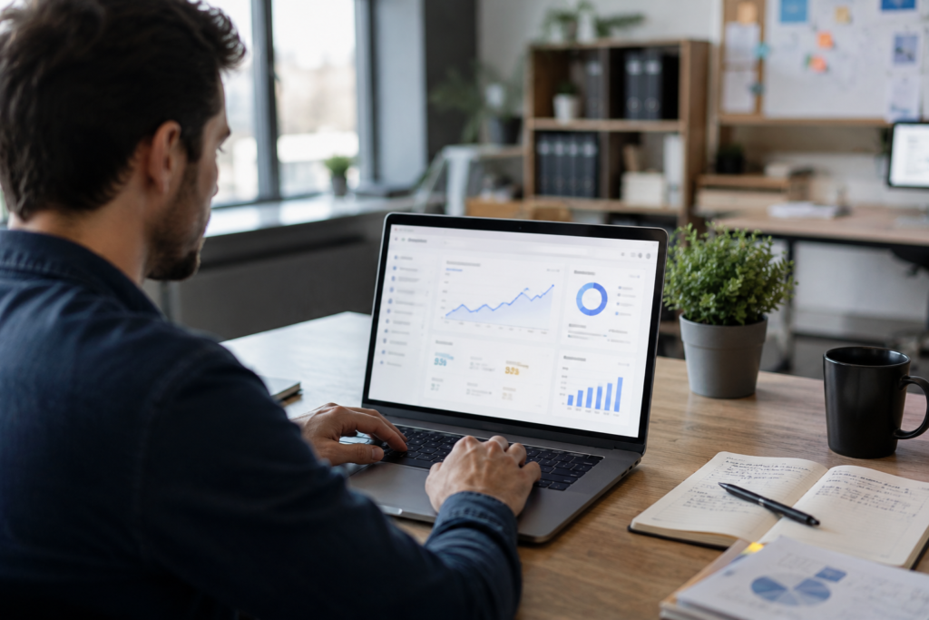 SEO specialist analyzing website performance and search analytics on a laptop