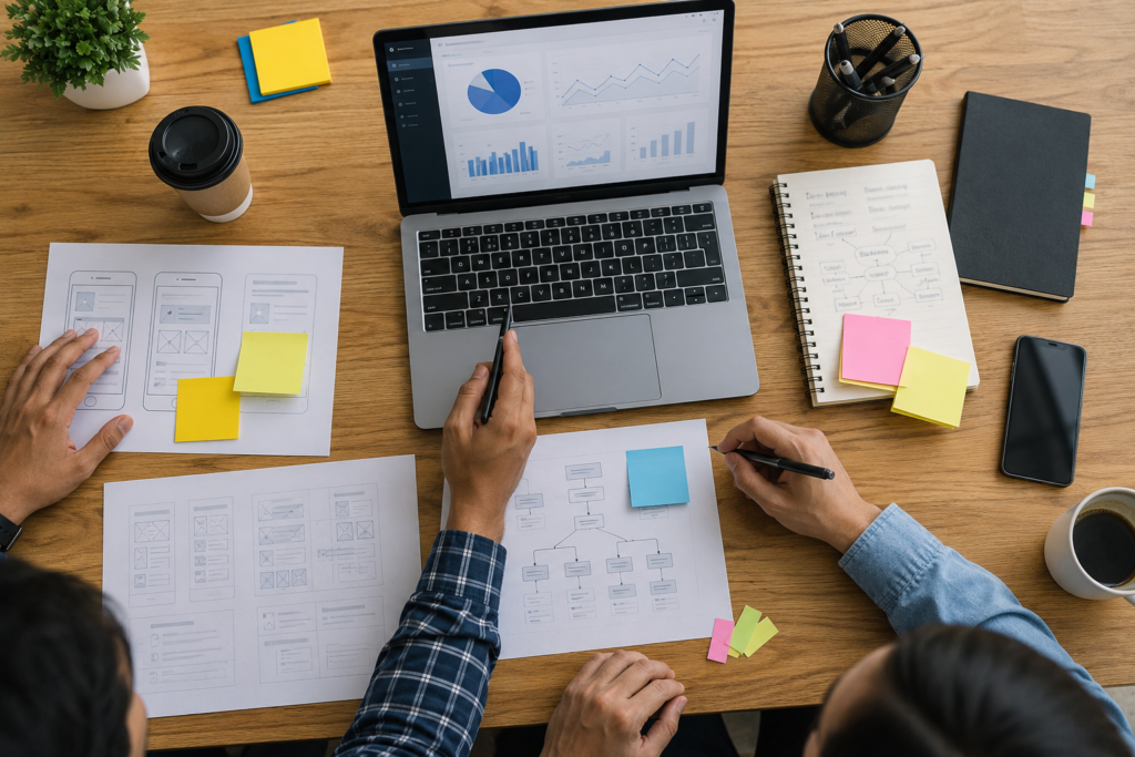 SEO planning session with keyword research, analytics, and content strategy tools