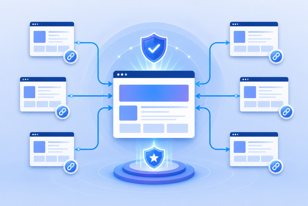 Illustration showing backlinks from multiple websites improving domain authority.