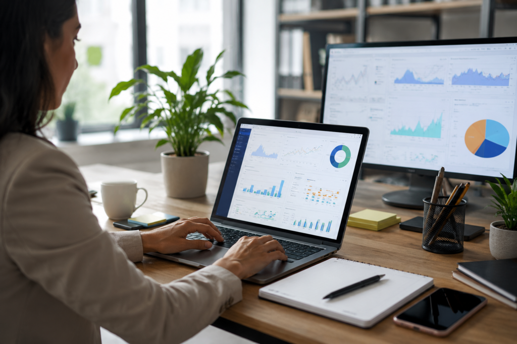 SEO specialist analyzing website performance and optimization tasks.