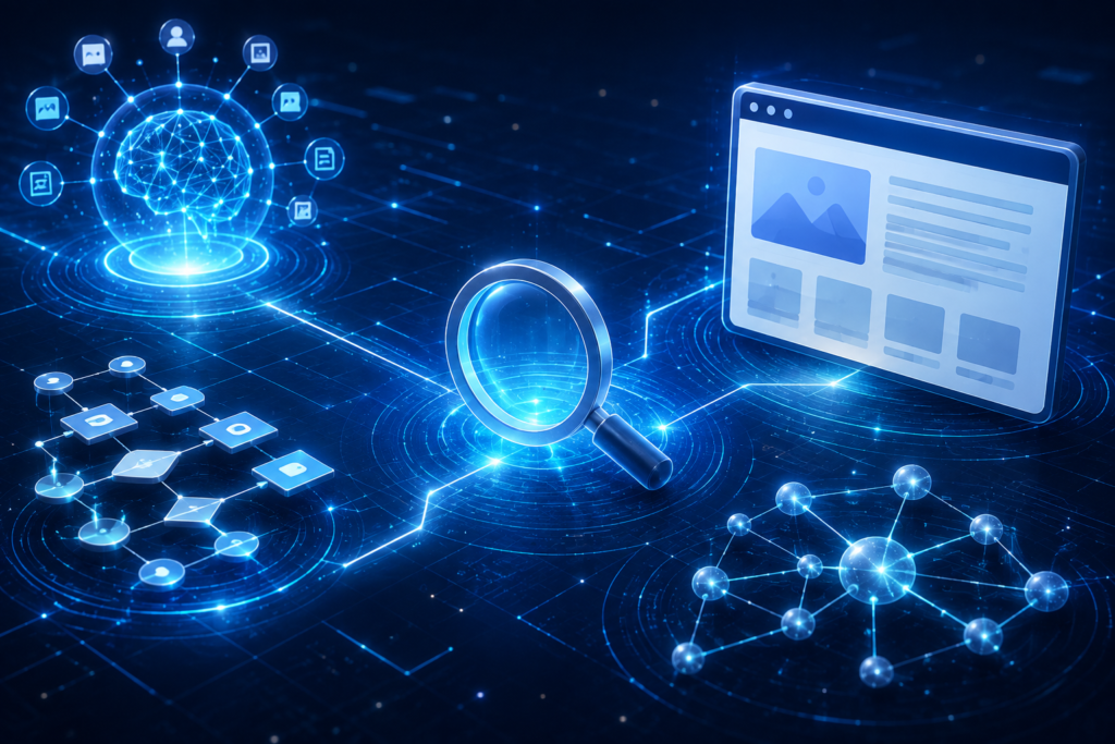AI-powered search engine illustration showing semantic search, website analysis, structured data, and connected knowledge networks.