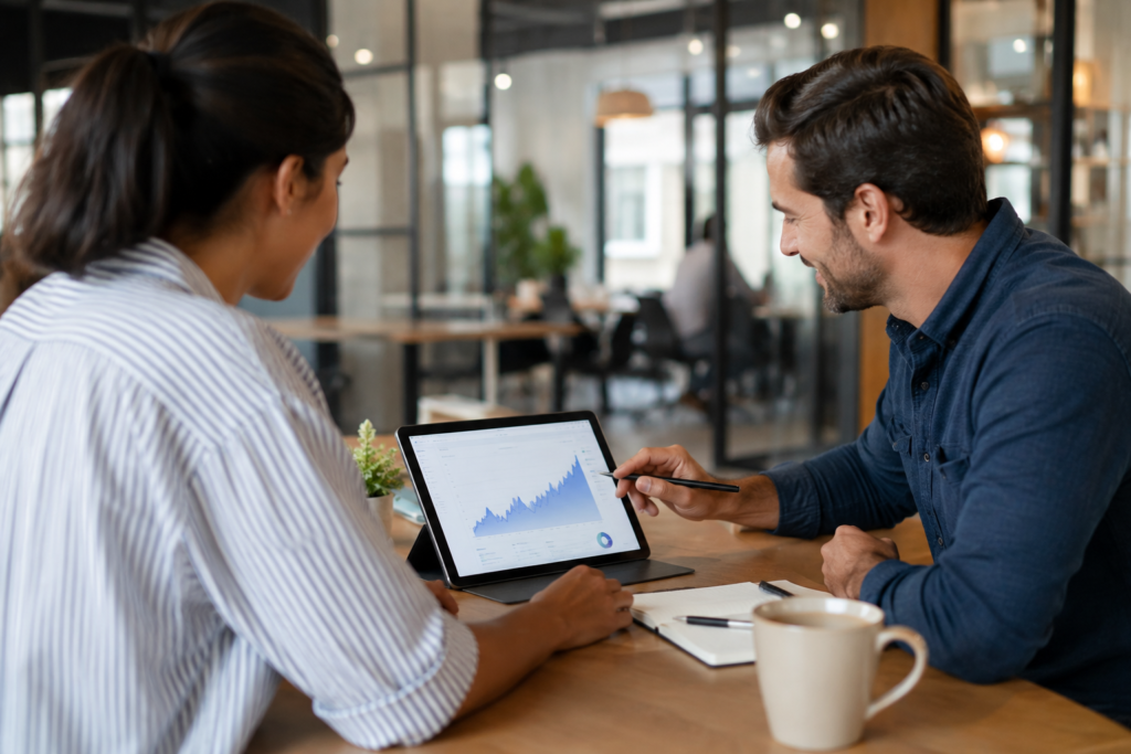 Business owner meeting with an SEO consultant to review website traffic growth and performance analytics on a tablet.