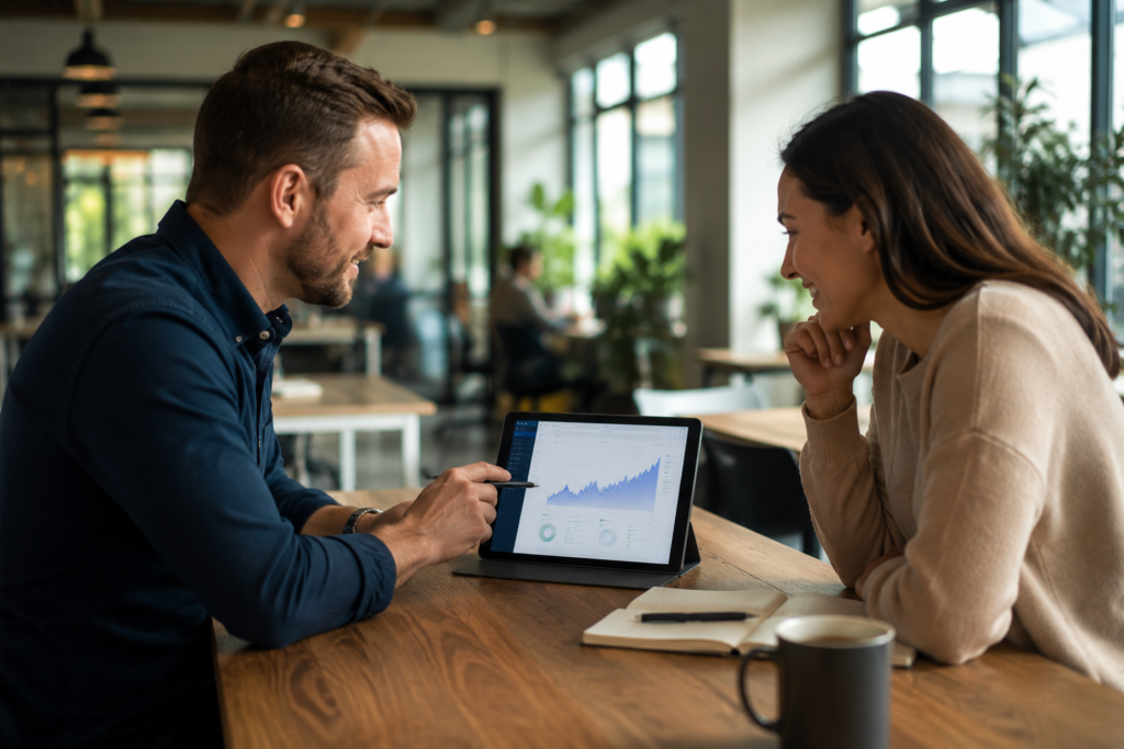 Business owner discussing SEO strategy with a consultant.