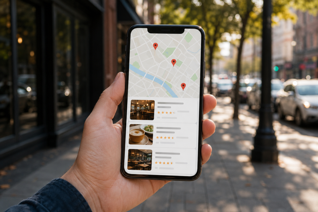 Smartphone showing a local business map with three location pins on a city street.
