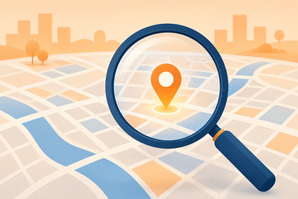Magnifying glass over city map with glowing location pin.