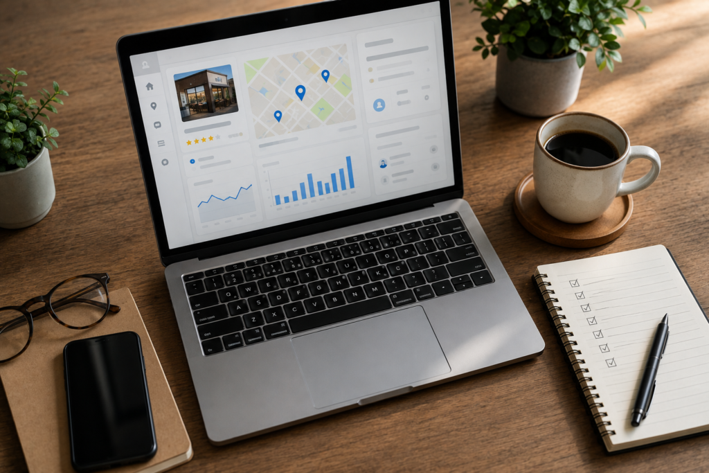Laptop with business dashboard, coffee cup, and notebook on desk.