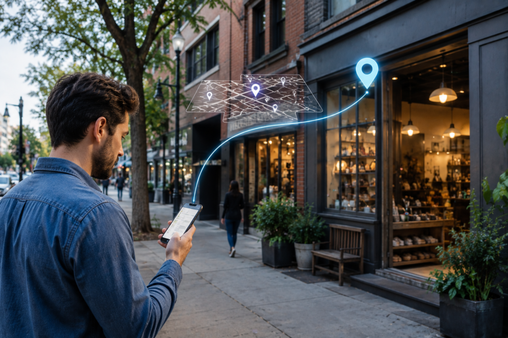Person using a smartphone to find a nearby local business through local search.