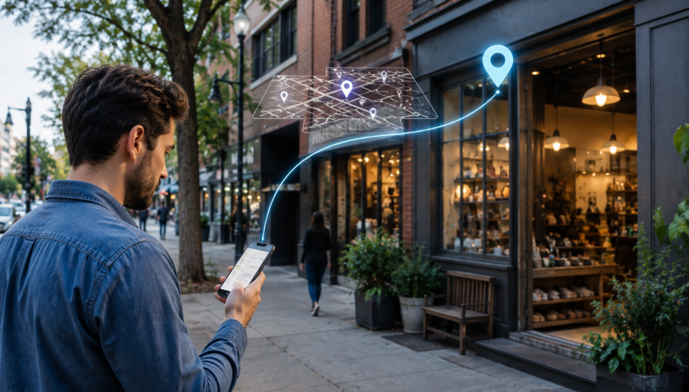 Person using a smartphone to find a nearby local business through local search.